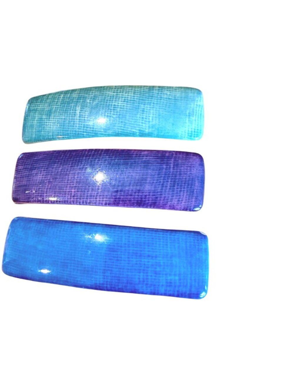 Rectangular Hair Barrettes Set of 3 Blue Purple Green Glossy Textured Finish - Picture 2 of 4